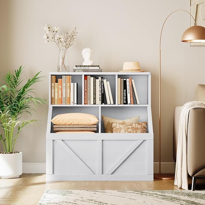 Kids Bookshelf and Toy Storage, Toy Storage Organizer, Toy Organizer with Storage Cabinet and Toy Shelf, Toddler Book Shelf for Kids Rooms, Playroom, Bedroom, Nursery, Daycare, Vintage White