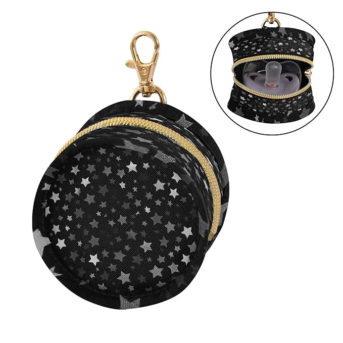 Pacifier Holder with Clip Pacifier Case for Diaper Bag Round Baby Pacifier Pouch Box Bag Portable Cute Silver and Gray Stars