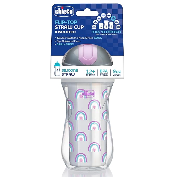 Chicco Insulated Straw Sippy Cup 12+ Months, 9oz Toddler Training Cup with Spill-Free Flip-Top Lid, BPA-Free 2-Pack, Silver/Purple Rainbow