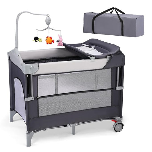 JOYMOR 5-in-1 Pack and Play with Bassinet and Changing Table, Lightweight Travel Crib, Foldable Baby Playard, Waterproof Changing Top, Carry Bag & Wheels