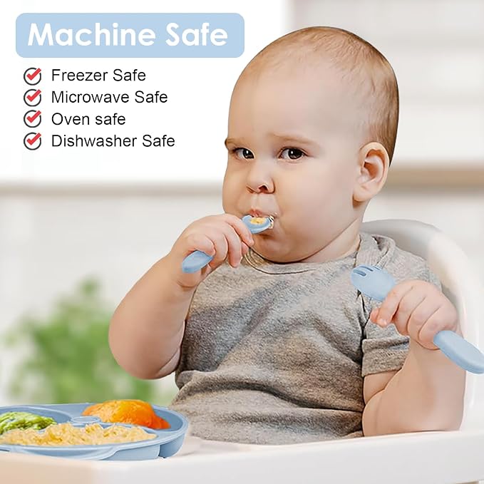 Silicone Baby Feeding Set, 14 Pcs Baby Led Weaning Supplies, Baby Spoons & Forks Suction Bowl Divided Plate Bib Cup, First Stage Solid Food Eating Utensils - 6+ Months (Blue)