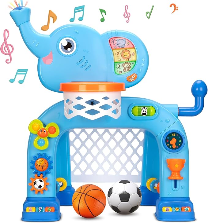 KIZZYEA Toys for 1 2 3 Years Old Boys Girls, Toddler Basketball Hoop & Soccer Goal, Montessori Toy, Interactive Musical Sports Toys with Light, Christmas Birthday Gifts for Baby Kids Age 12-18 Months