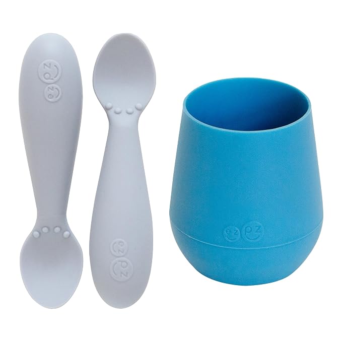 ezpz Tiny Cup (Blue) + Tiny Spoon (2 Pack in Pewter) - baby essentials, cup and spoon