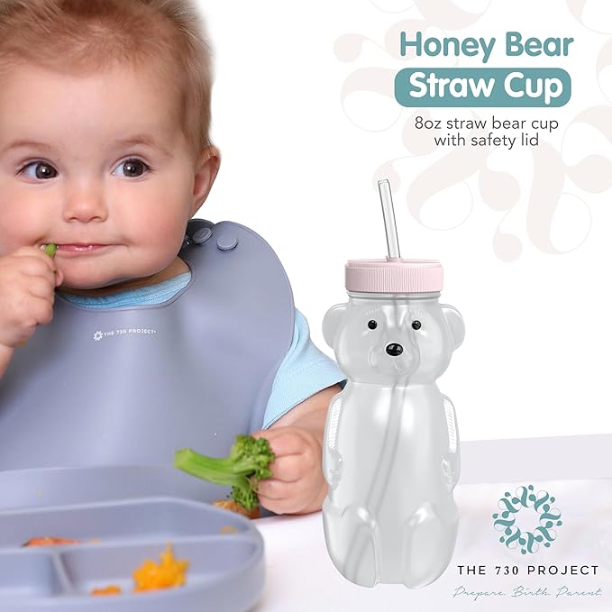 The 730 Project Honey Bear Straw Cup for Babies, 8-oz Honey Bear Cup with Lid, 3-Pack Therapy Learning Honeybear Straw, Baby Bottle Set, Cherry Blossom PINK