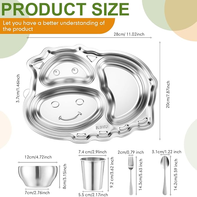 Jinei 20 Pieces Kids Stainless Steel Utensils Set Include 4 Cow Shaped Plates, 4 Bowls, 4 Cups, 4 Spoons, and 4 Forks, Stainless Steel Dinnerware Set for Toddler Utensils Silverware