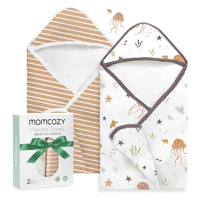 Momcozy Baby Towel with Hooded-2 Pack Soft Bath Towel Set-Shower Gifts or Bath Essential for Infant,Newborn, Toddler (28 X 28 Inch, Ocean Whimsy)