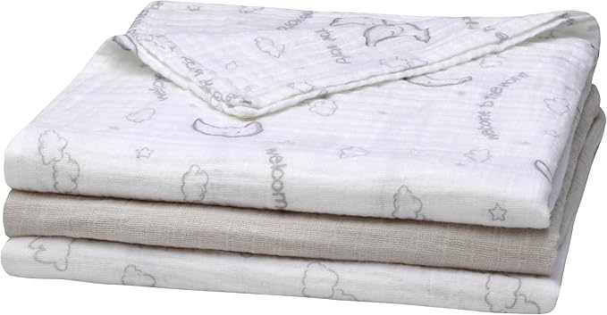 3 Pack Cotton Muslin Swaddle Blankets for Baby, 40" x 36", Lightweight, Breathable, Grey, (Welcome to The World Moon and Stars)