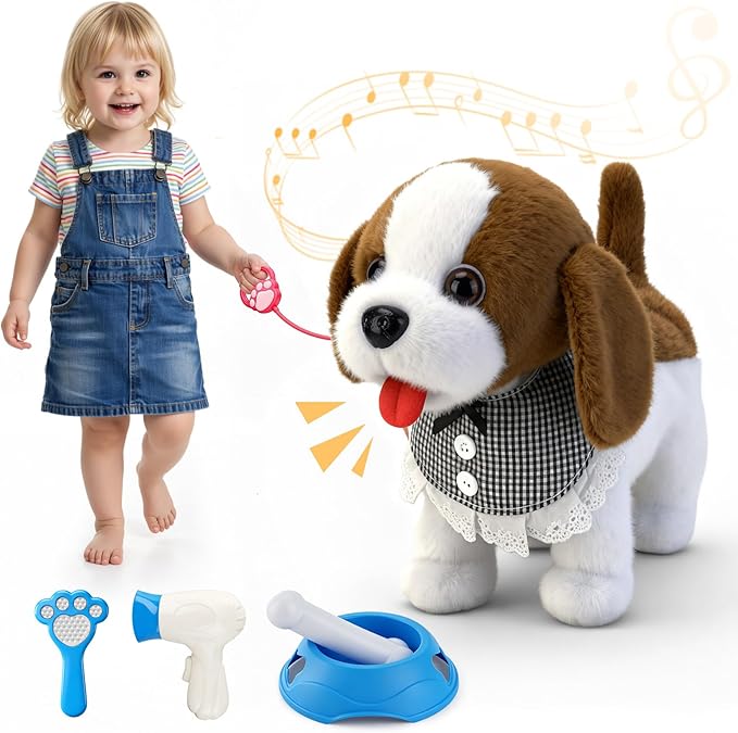 Talkfun Interactive Plush Puppy Toys for 1,2,3 Year Old Boy Girl Gifts, Musical Walking Dog with Leash, Realistic Pet Play Toy for Toddlers 1?? Age, Soft Stuffed Electronic Puppy with Accessories