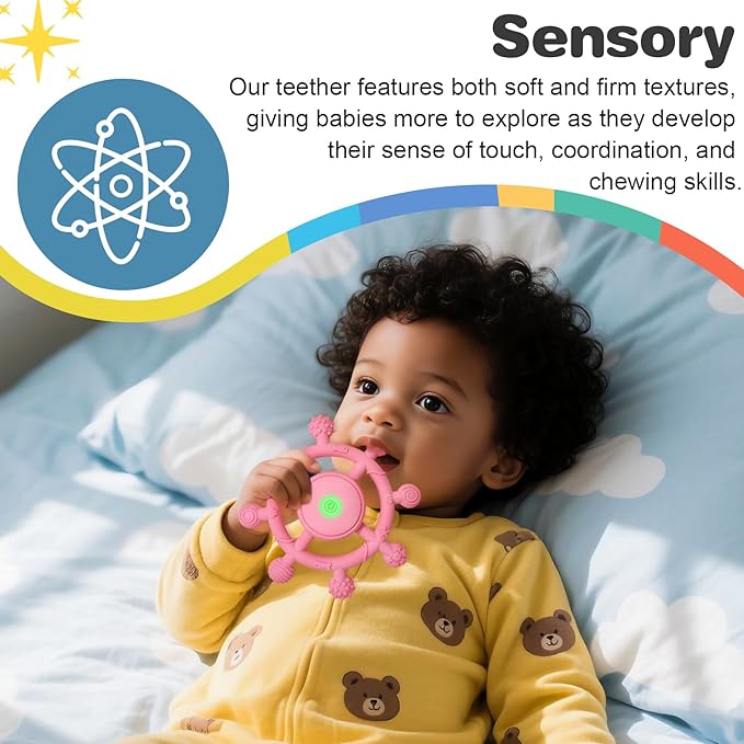 YOFUN 3-Speed Vibrating Baby Teether ??Soothing Silicone Teething Toy for Infants 3M+, Food-Grade, USB Rechargeable ??Soft & Safe Gum Relief for Babies (Pink)