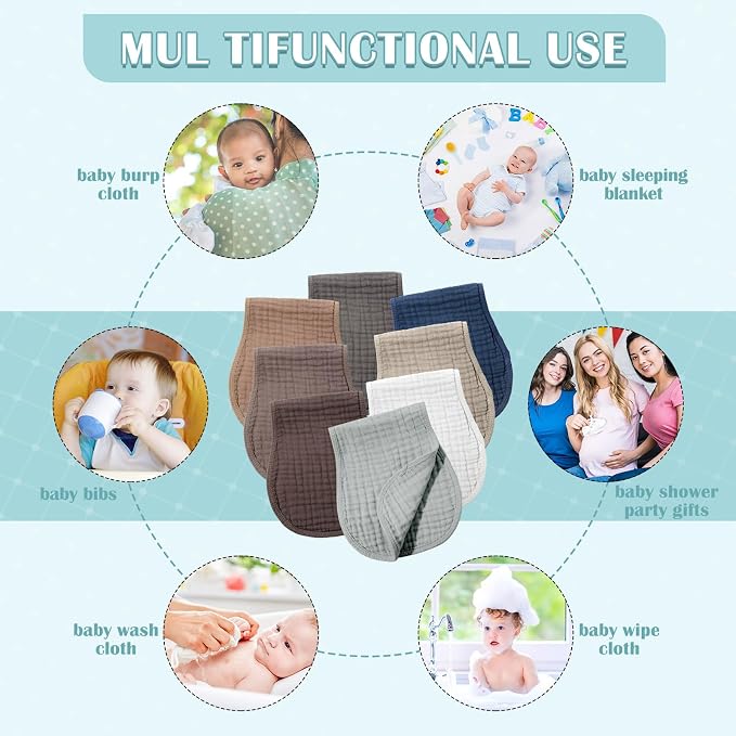 Frienda 8 Pack Muslin Burp Cloths for Baby Large 20 x 10 Inch Cotton Burp Rags for Spit up Drool Absorbent Soft Multicolor Wash Cloths Diapers for Newborn Girl Boy Essential Shower Gift(Dark Color)