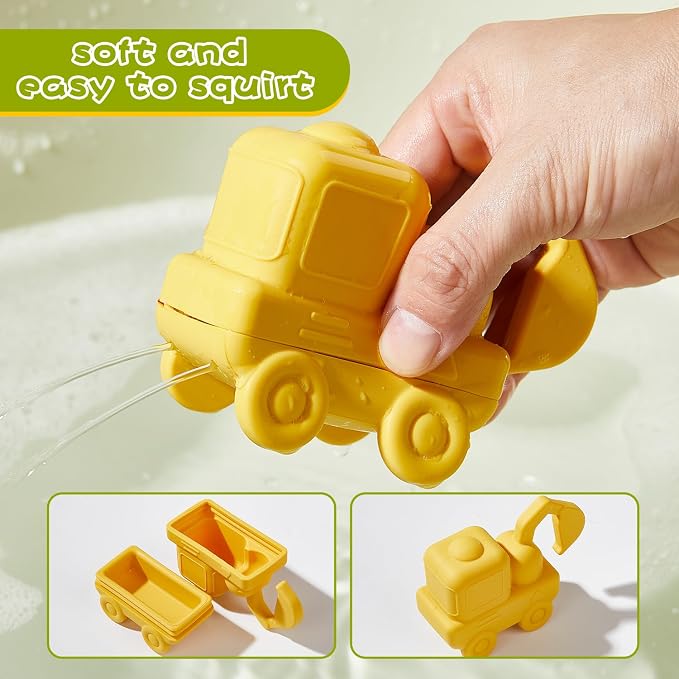 Mold Free Bath Toys for Toddlers, 4 Pack Food Grade Silicone Bath Toys, Easy Clean Truck & Construction Car Bath Toy | Squeezable & Floating Bathtub Toys | Beach Water Pool Toys for Boy Girl Gifts