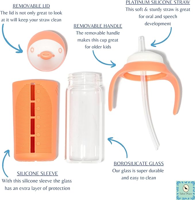 Tabor Place Set of 2 - Glass Sippy Cup for Toddlers - The Luca | Spill-Proof | Silicone Straw | Blue & Orange | 8 oz | Liquids Never Touch Plastic | Removable Handles??(Blue)