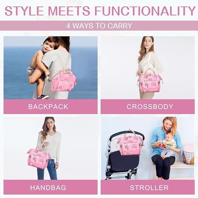 Small Diaper Bag Crossbody Backpack, 4 in 1 Mini Travel Mommy Tote w/Shoulder for Stroller, Small Toddler Daiper Tote with Insulated Pockets, Compact Baby Bag for Mom (Pink Animal)