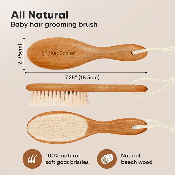 KeaBabies Baby Hair Brush and 6-Pack Baby Washcloths for Newborn - Wooden Brush with Soft Goat Bristles, Organic Wash Cloth, Cradle Cap Hairbrush for Newborns and Infants
