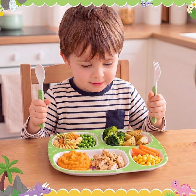 Jinei 4 Set Melamine Dinner Plate for Kids Dinnerware Dishes Set with Fork and Spoon Firefighter Dinosaur Construction Sea Animal Divided Melamine Plates for Boys Toddlers BPA Free Dishwasher Safe