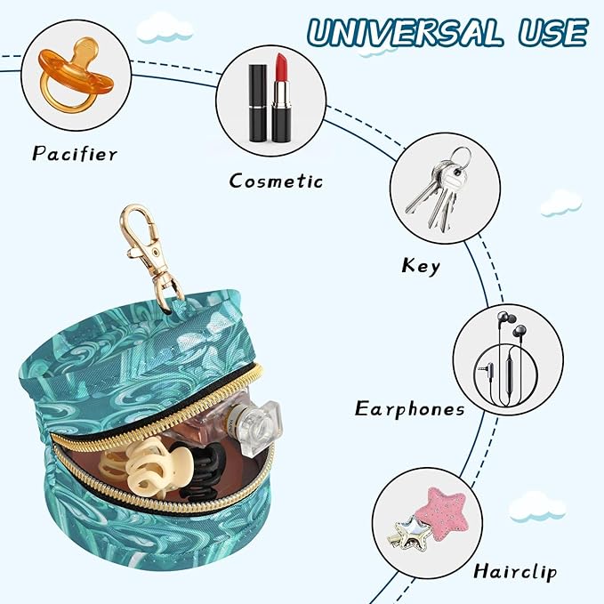 Pacifier Holder with Clip Pacifier Case for Diaper Bag Round Baby Pacifier Pouch Box Bag Portable Teal Floral Damask