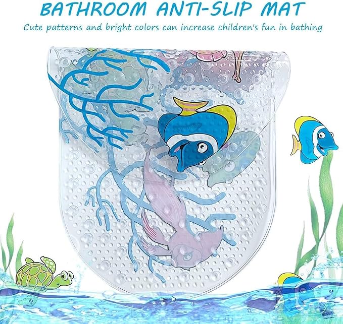 PTAPIPI Sea Animal Kids Bath Mat - 27x15 Inch Oval PVC Mat with Suction Cups, Machine Washable, Colorful Design for Children (Underwater World)