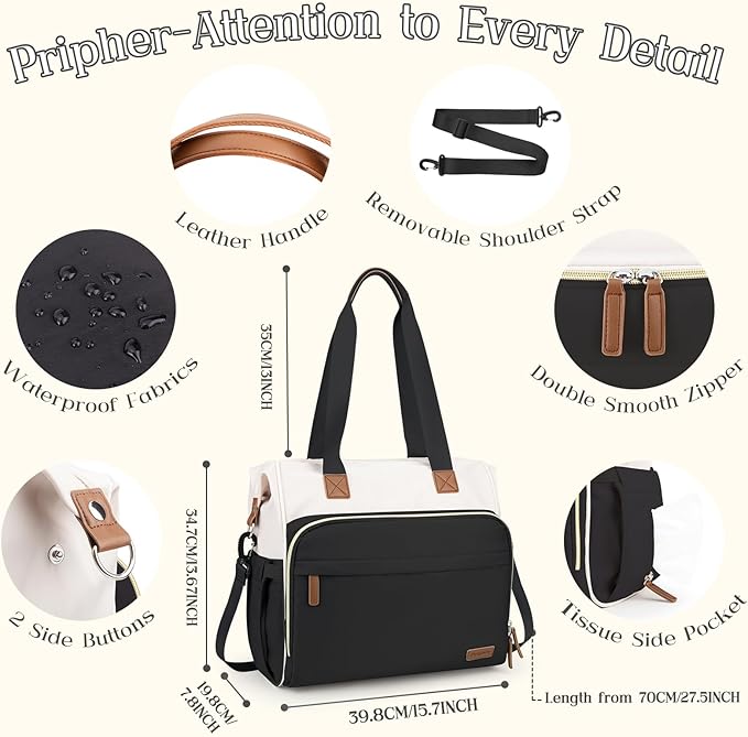 Pripher Diaper Bag Backpack Mommy Bag Large Capacity Diaper Backpack Travel Essential Baby Diaper Bag for Mom and Dad, Black & Beige