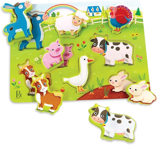 B. toys – Wooden Chunky Puzzle for Toddlers, Kids – Farm Animals Theme – Cow, Sheep, Pig & More – 2+ Years – Peek & Explore