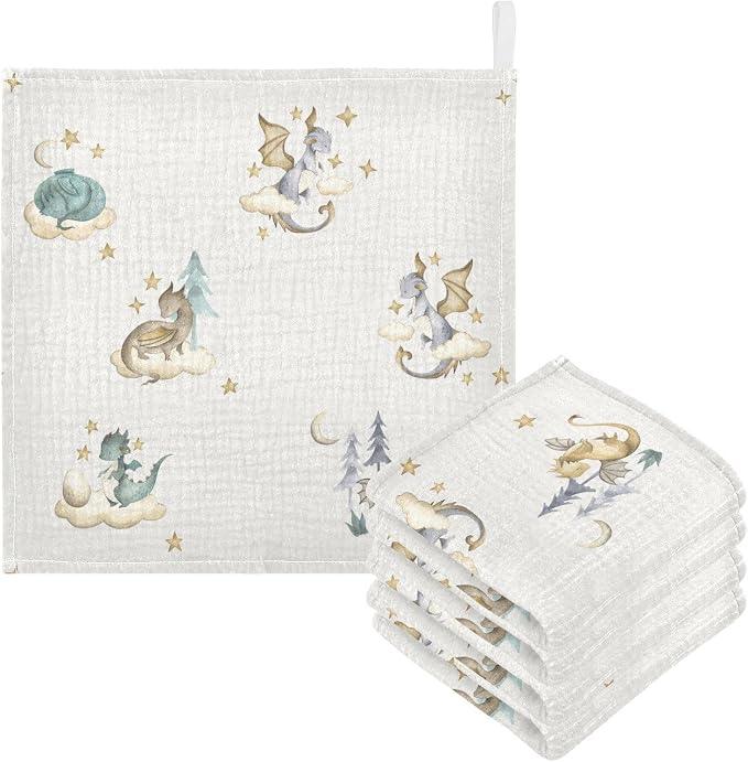 vvfelixl Baby Muslin Washcloths Dragon Baby Babys Burp Cloths Cotton Babys Face Towel for Newborn Infants Boys Girls Soft and Absorbent 11.8 X 11.8 in, 3 Pack
