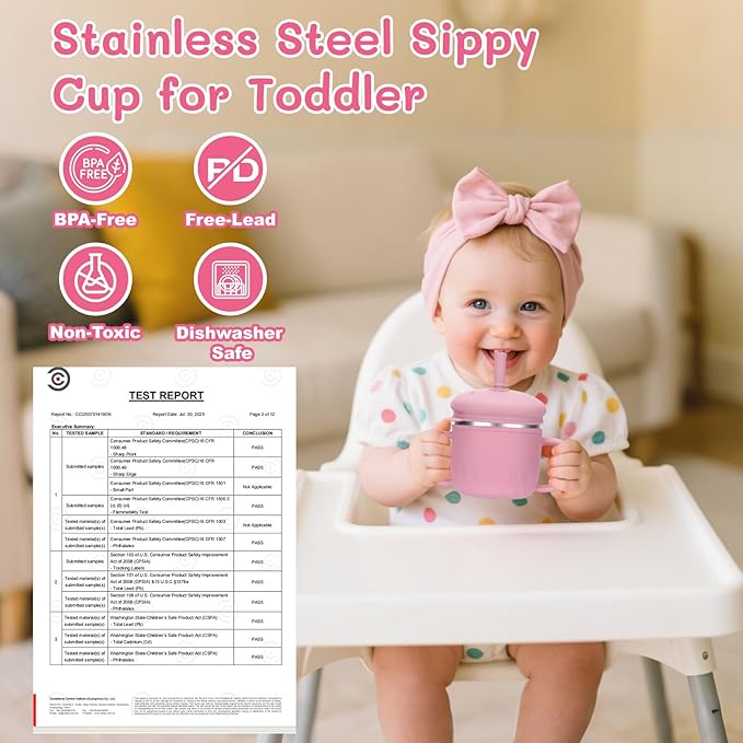 BUSOHA Stainless Steel Toddler Sippy Cup ??8oz Spill-Proof Straw Cup for 6+ Month Babies & Toddlers, 3-in-1 Reusable Travel Cup with Brush ??Dishwasher Safe, Kids Drinking Cup, Pink
