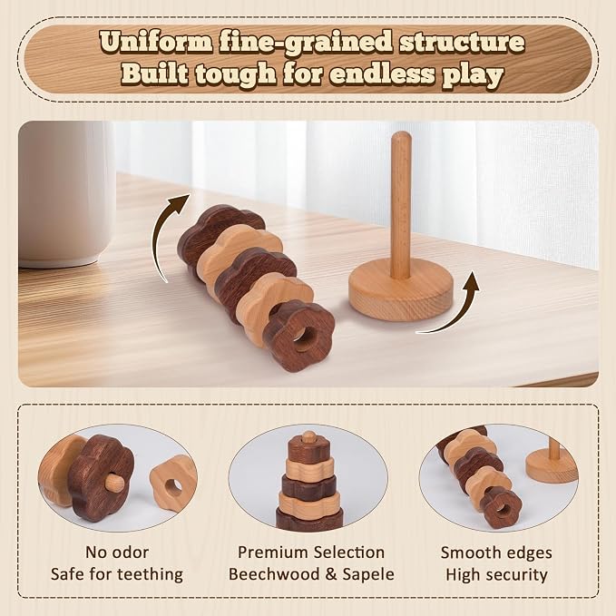 Adena Montessori Ring Log Wood Stacking Toys, Montessori Geometric Stacking Wooden Educational Toy for Babies, 12+ Months Baby Shape Sorter and Stacking Toys, Stacking Tower Toy for Babies (Flower)