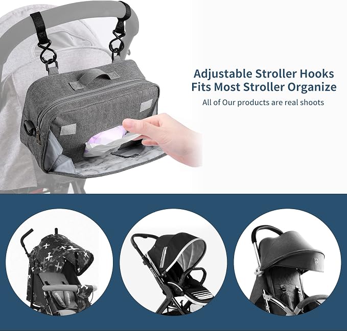 TRENDPLAY Small Diaper Bag Stroller Bag Diaper Organizer Caddy for Diapers with Insulated Pocket, Stroller Straps and Adjustable Shoulder Strap,Universal Fit Most Strollers, Gray