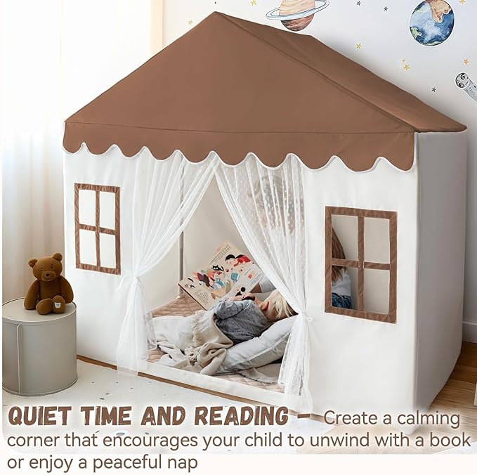 Kids Play Tent with Mat, Large Playhouse Play Tent Indoor for Girls Boys, Kids Tent Toys for Toddlers Children Play House Toy Birthday Gift (Brown)