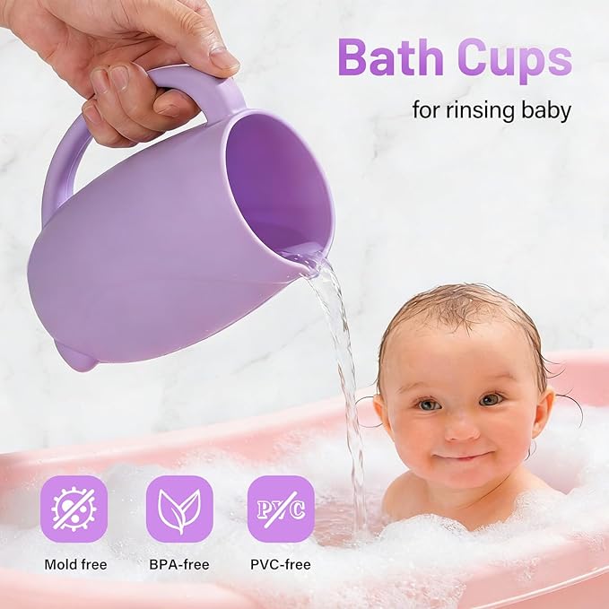 mandoo Baby Bath Rinse Cup Shampoo & Body Washing Rinser Cup for Kids with Easy Grip Handle to Rinse Baby Shower - Baby Essentials (Grey+Brush)
