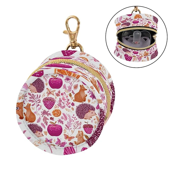 Pacifier Holder with Clip Pacifier Case for Diaper Bag Round Baby Pacifier Pouch Box Bag Portable Hedgehogs Squirrel Mushroom Pink