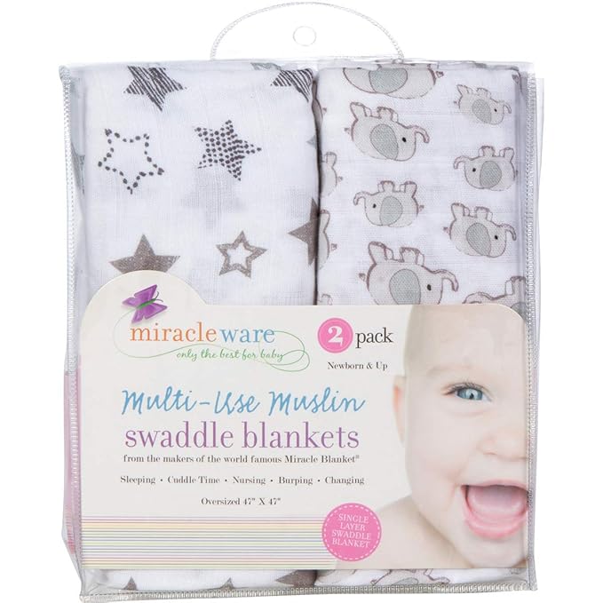 Miracle Blanket Soft Muslin Swaddles Newborn Nursery Sleep Essential - Pack of 2 Warm Wraps (Grey Elephants & Grey Stars)