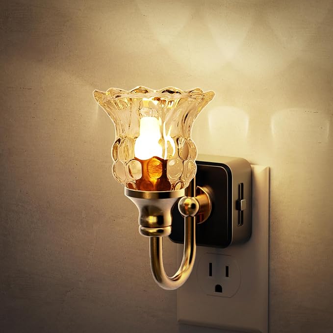 JandCase Night Light, Floral Night Lights Plug into Wall, Glass Flower LED Nightlight, 0-100 LM Dimmable Nightlights with Light Sensor, 1W Vintage Nite Light for Bathroom Hallway Gift Vanity Decor