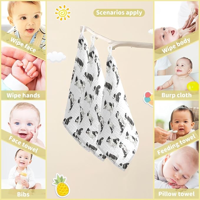 vvfelixl Baby Muslin Washcloths Border Collies Poses Baby Burp Cloths Cotton Babys Face Towel for Newborn Infants Boys Girls Soft and Absorbent 11.8 X 11.8 in, 3 Pack