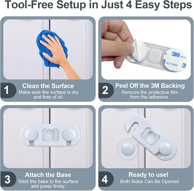 Fridge Lock for Kids, Child Proof Cabinet Locks, Refrigerator Lock with 3M Adhesive, Freezer Locks with Dual-Sided Opening Design, No Drill No Screw, More Security for Baby/Pets (4 Pack)