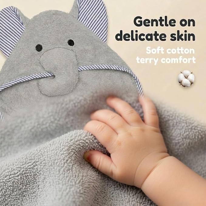 EVERYDAY KIDS Hooded Baby Toddler Bath Towel for Boys and Girls - 3D Gray Elephant with Ears and Trunk; Soft and Absorbent Terry Cloth Hooded Towel for Young Kids; Gender Neutral Baby Bath Essential
