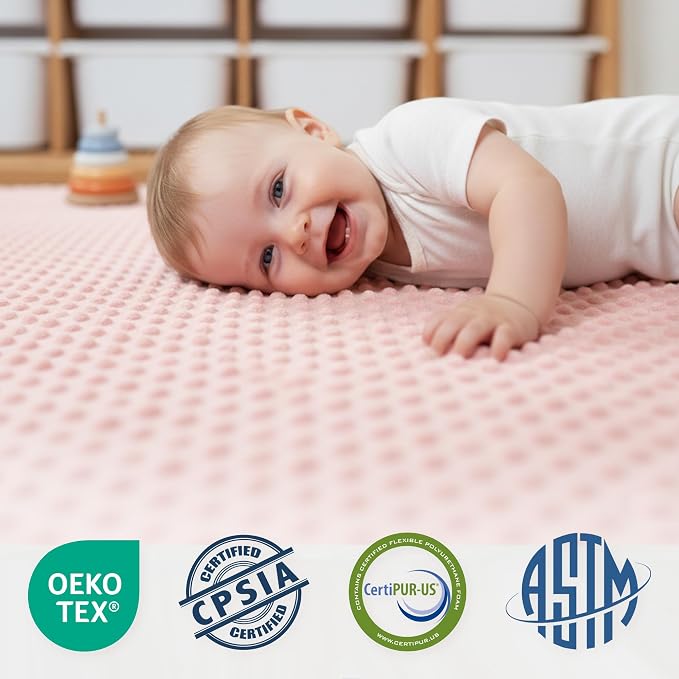 Baby Floor Play Mat for Playpen, Extra Thick 71x59 Inches Padded Mat with Ultra Soft 3D Minky Dot & Removable Washable Cover, Non-Slip & Safe for Crawling,Tummy Time,Infant/Toddler (Pink)