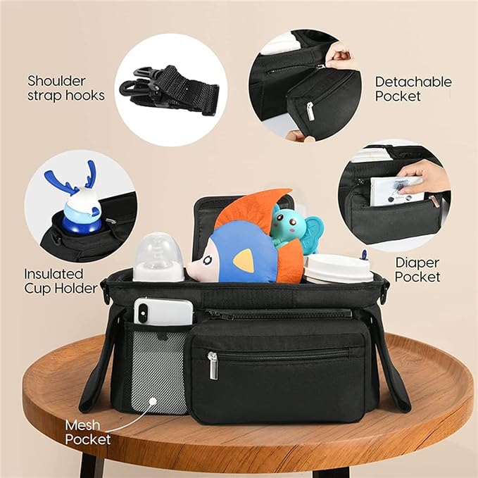 YOXIER Stroller Organizer,Baby Stroller Organizer with 2 Insulated Cup Holder,Detachable Zippered Pocket & Adjustable Shoulder Strap, Universal Stroller Accessories Fits for All Baby Strollers Pink