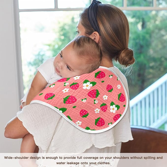 Muslin Burp Cloths for Baby Boys and Girls - 2-Pack Ultra Absorbent Strawberry Muslin Washcloths, Newborn Towel, Milk Spit Up Rags, Burp Cloth Bibs for Unisex, 22 x 11 Inch