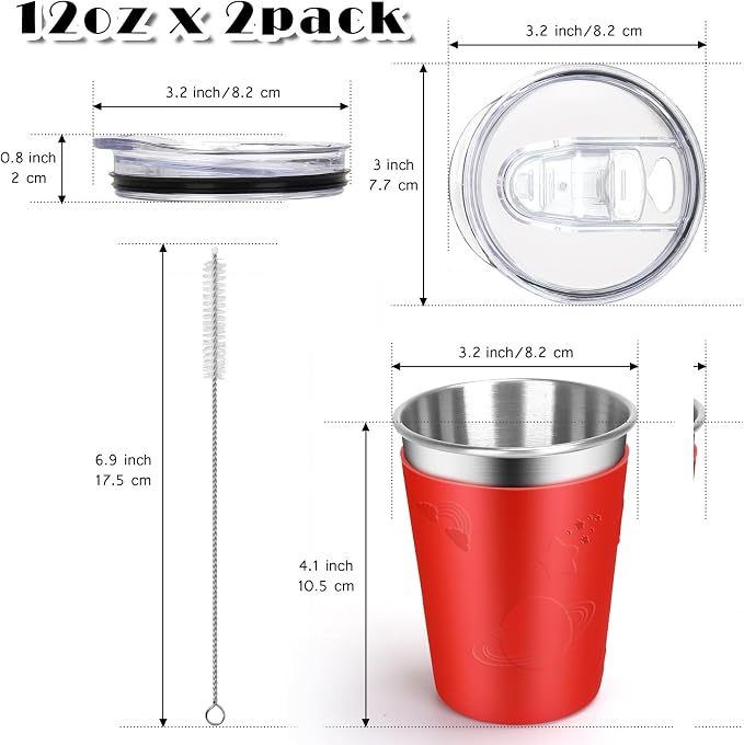 ShineMe Stainless Steel Cups for Kids, 2 pack Kids Cups with Lids and Cute Space Character Sleeves, 12oz No Spill Cups for Toddlers Reusable & Unbreakable