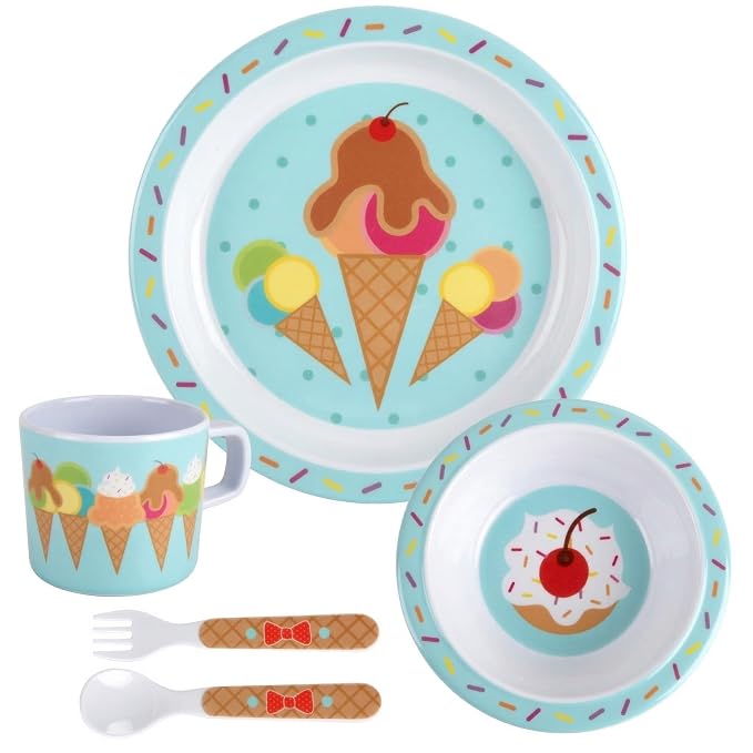 Bentology 5 Pc Mealtime Set for Kids - Ice Cream Theme - Includes Raised Edge Plate & Bowl, Cup, Fork & Spoon- Dishwasher Safe, BPA Free- Cute Durable Dish, Easy Self-Feeding- Gift for Toddlers