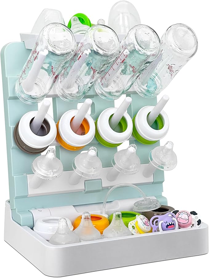 Baby Bottle Drying Rack, Vertical Standing Bottle Dryer Rack Holder-Space Saving Baby Bottle Drying Rack for Countertop-Holds Up to 12 Baby Bottles & Cup(Blue & White)