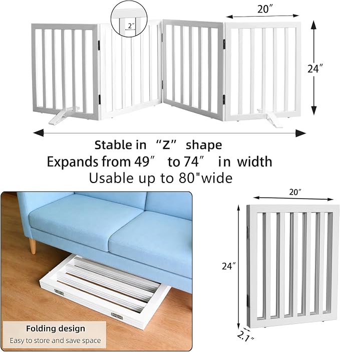 Dog Gate Indoor, Freestanding Dog Fence for The House, Doorways, Hallways,or Stairs,Pet Gate Foldable Wooden,Expandable 24" Height 4 Panels,White