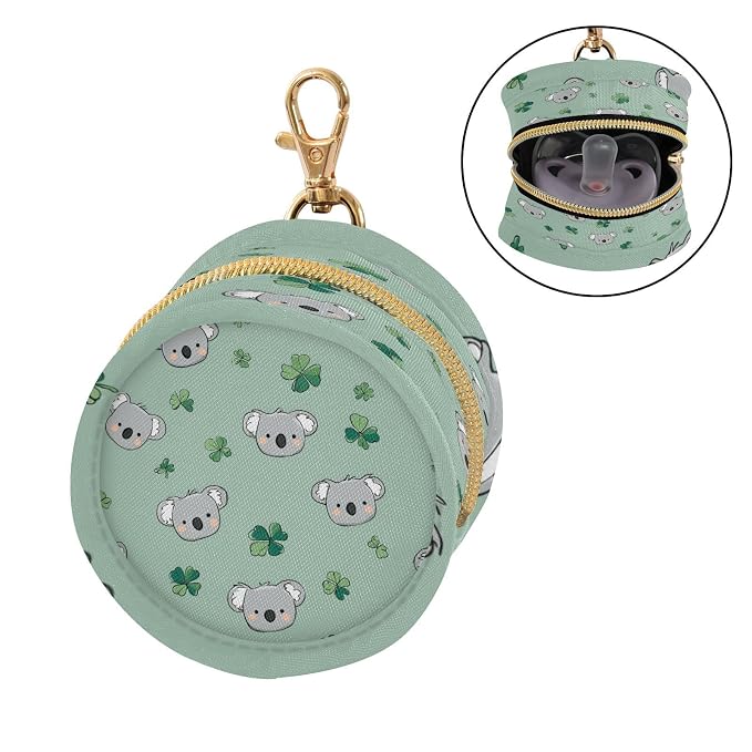 Pacifier Holder with Clip Pacifier Case for Diaper Bag Round Baby Pacifier Pouch Box Bag Portable Koala and Clover Green