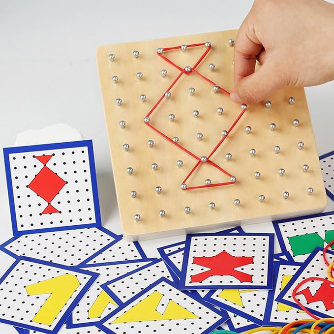Educational Wooden Pegboard with Elastic Rubber Bands Geometry Shape Learning Toy for Fine Motor Skills Development Topological Pegboard