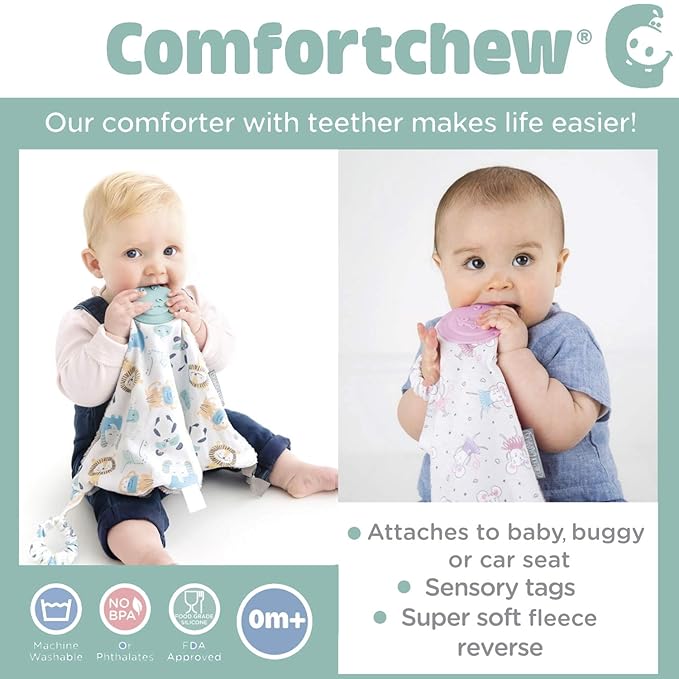 Cheeky Chompers Comfortchew | Baby Lovey with Silicone Teether & Sensory Tags | Soft Fleece Material, Attachable Loop, Machine Washable | (Baby Dino)