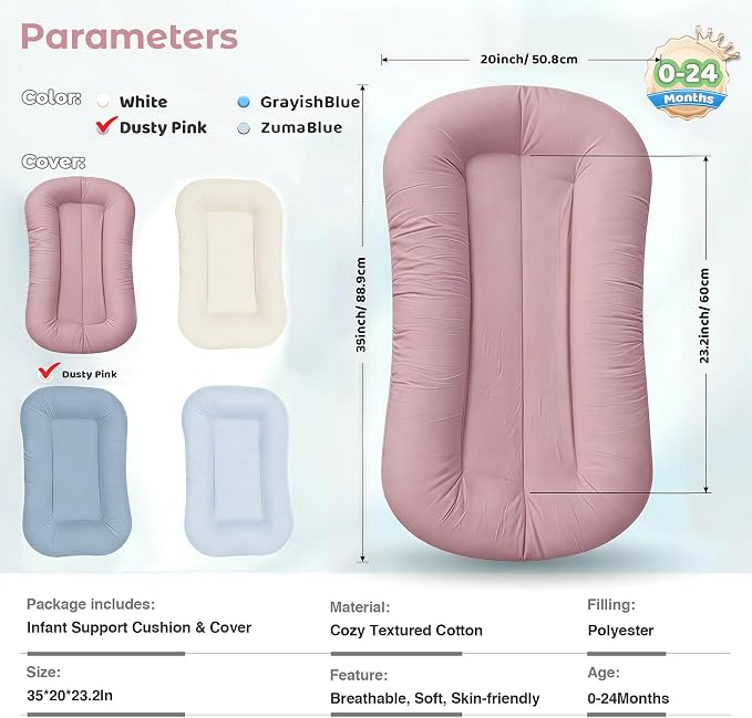 Infant Support Cushion - Baby Support Cushion for Newborn, 0-24 Months, Breathable Cotton Tummy Time Mat, Supervised Use, Portable Newborn Essentials for Home and Travel, Dustypink (Cover Included)
