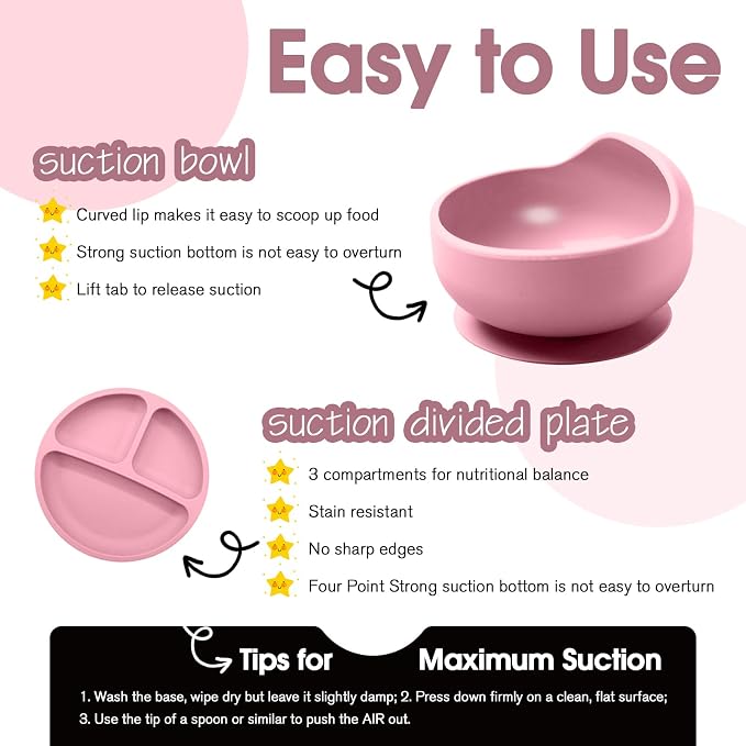 Baby Led Weaning Supplies, 17 Piece BPA-Free Silicone Feeding Set, Eating Essentials Baby Utensils with Suction Plate and Bowl, Pocket Bib, Sippy Cup with Lid, for 6+ Months, Pink