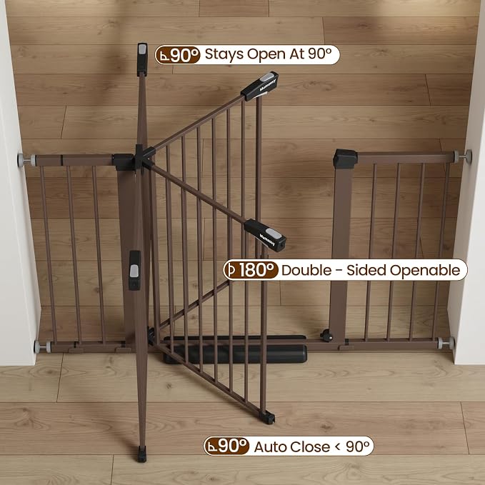 Mumeasy Baby Gate Extra Wide, 29.7-51'' Pressure Mounted Dog Gate with Walk Thru Door, Auto Close Pet Gate for House, Stairs, Doorways,Brown