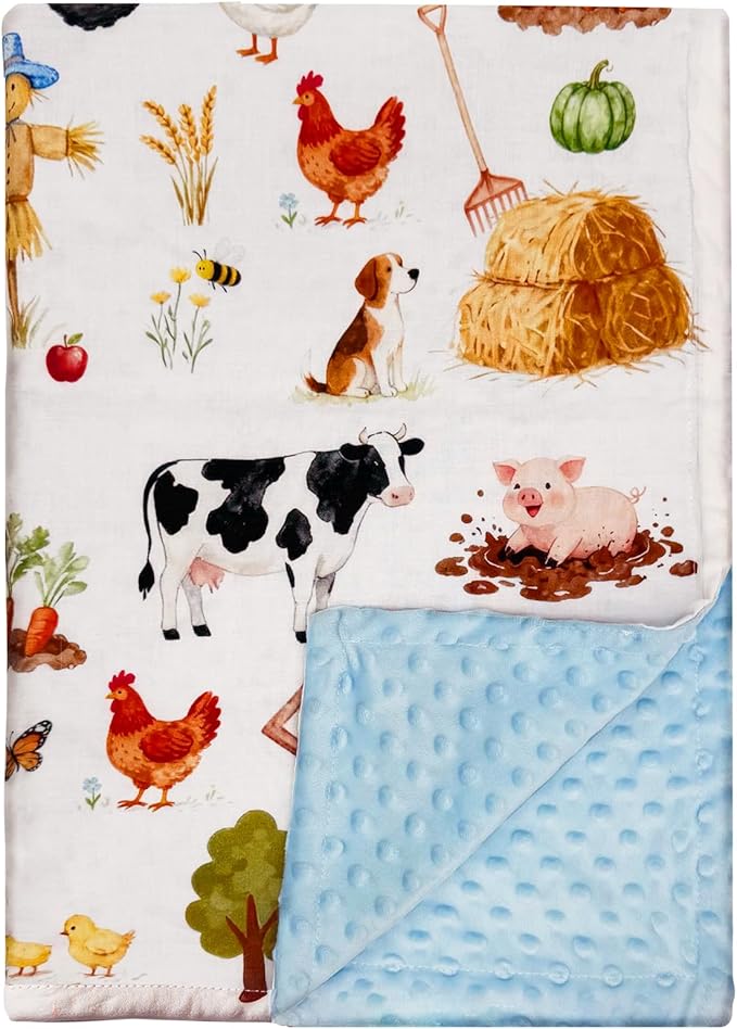 Farm Animal Minky Baby Blanket for Boys Girls with Muslin Cotton Front and Dotted Fleece Backing, Soft Nursery Receiving Blankets for Newborn Toddler Crib Stroller Car Seat 27.5 x 39.3 Inch