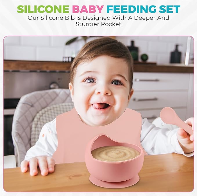 SiliFun 8-Piece Silicone Baby Feeding Set ??Complete Infant Mealtime Kit with Suction Bowl, Divided Plate, Bib, Spoon, Fork & Cup ??BPA-Free, Dishwasher Safe ??Gift-Ready in Premium Branded Packaging